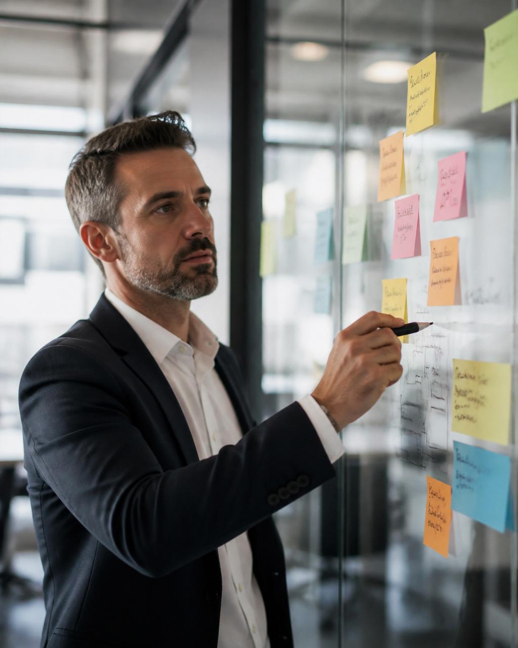 Strategiesessie aan het whiteboard met post-its